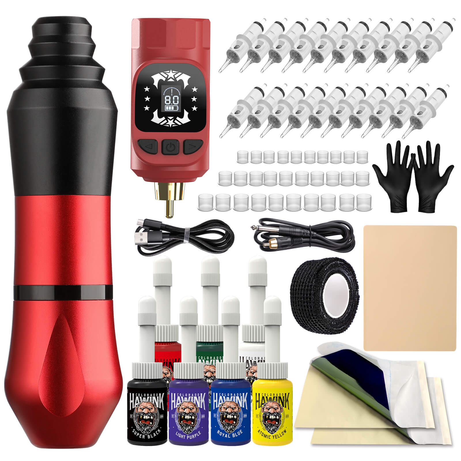 HAWINK Wireless Tattoo Machine Rotary Pen Kit 20pcs Tattoo Needles Cartridge Tattoo Grip Tape Wrap Makeup Art Tattooist Supply